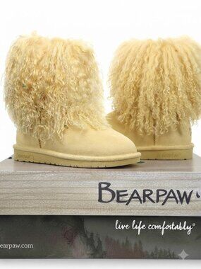 Bearpaw Boo Yellow Shearling Wool Lined Curly Lamb Fur Sherpa Boho Boots 7 NEW